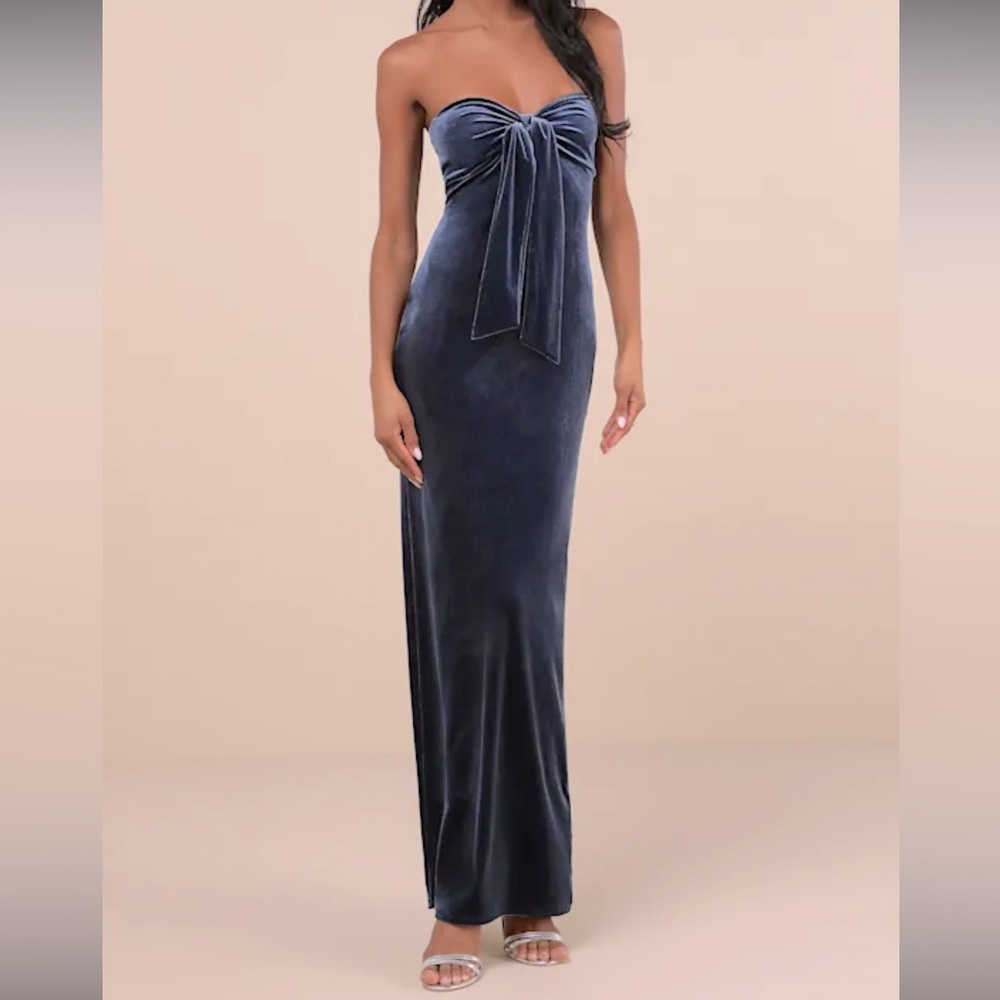 Lulus Divine Existence Navy Blue Tie Front Strapless Velvet Maxi Gown